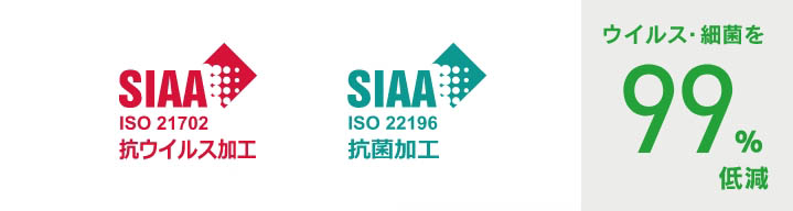 「SIAA ISO 21702 抗ウイルス加工」「SIAA ISO 22196 抗菌加工」ウイルス・細菌を99%低減