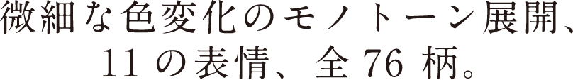 微細な色変化のモノトーン展開、11の表情、全76柄。