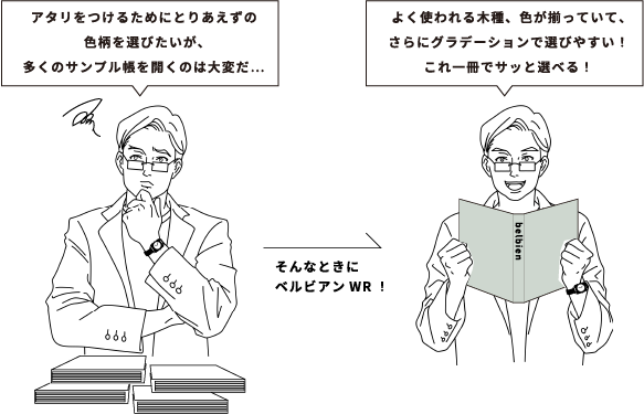 よく使われる木種、色が揃っていて、さらにグラデーションで選びやすい！これ一冊でサッと選べる！